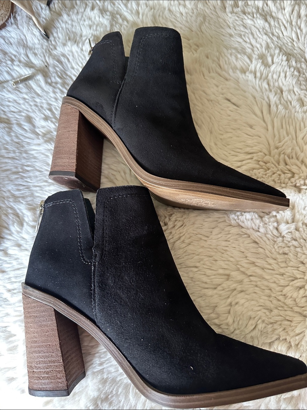 Vince Camuto Black Suede Pointed Toe Ankle Booties with Brown Stacked Heel